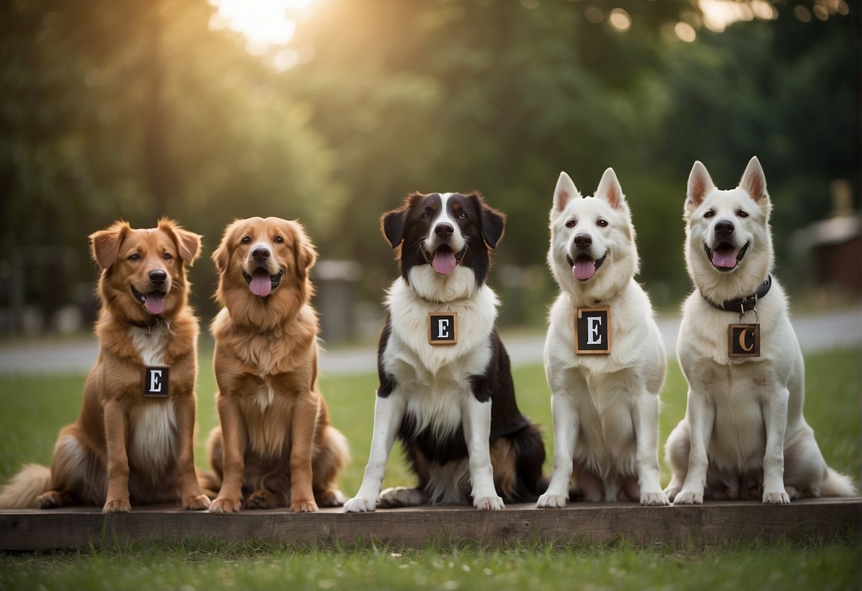 Dogs in 2023: A group of dogs gather around a sign with the alphabet. The letter "E" is highlighted, indicating it is the chosen letter for dog names in 2023