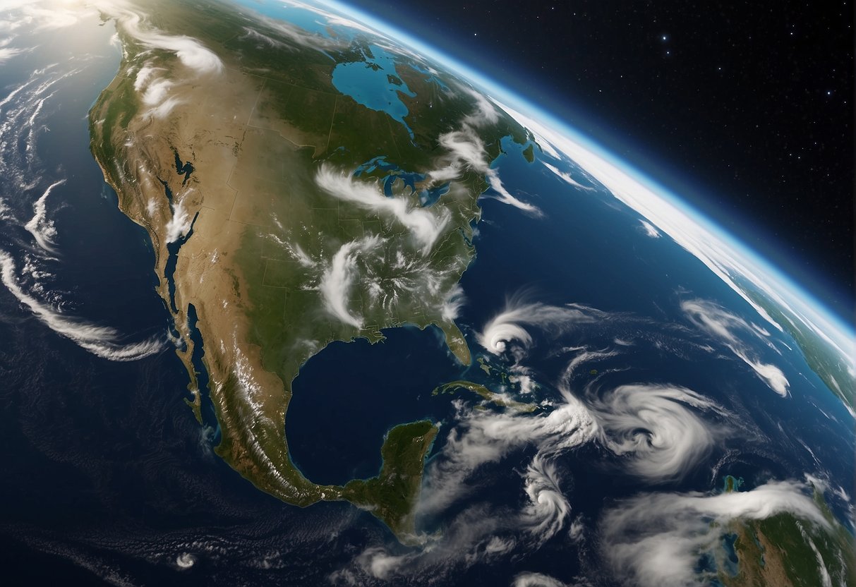 Satellites orbiting Earth, monitoring natural disasters like hurricanes and wildfires, providing crucial data for disaster management and response