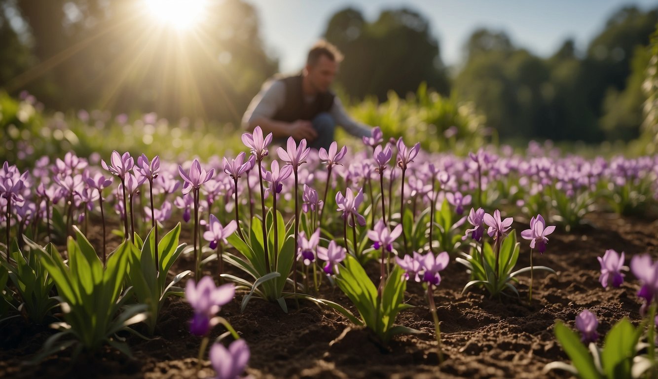A field of Dodecatheon Meadia flowers in full bloom, with a gardener carefully planting new seedlings in the rich, moist soil.

The sun is shining, and birds are chirping in the background
