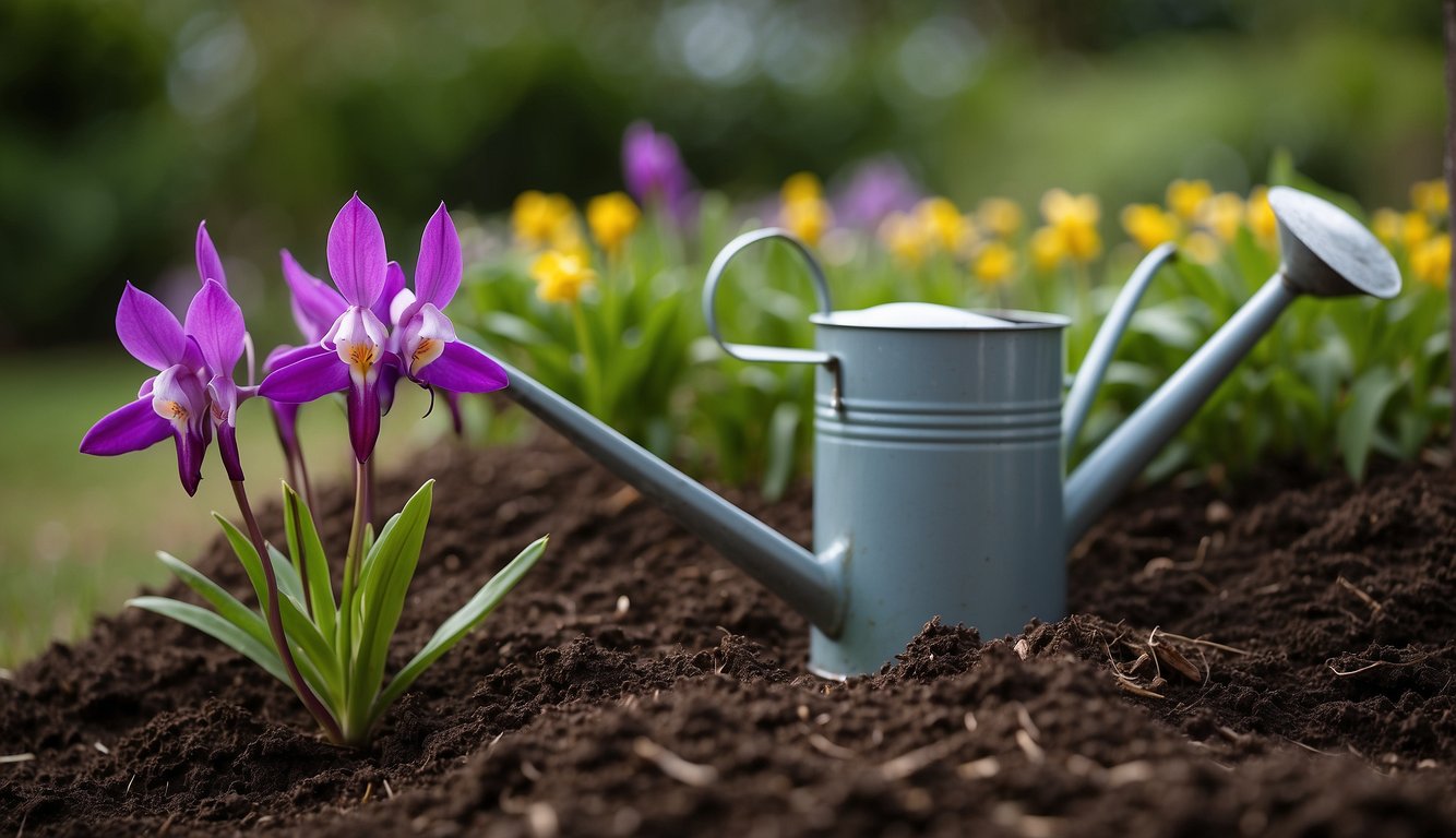 A garden with Dodecatheon Meadia plants in various stages of growth, surrounded by mulch and well-maintained soil.

A watering can and gardening tools are nearby
