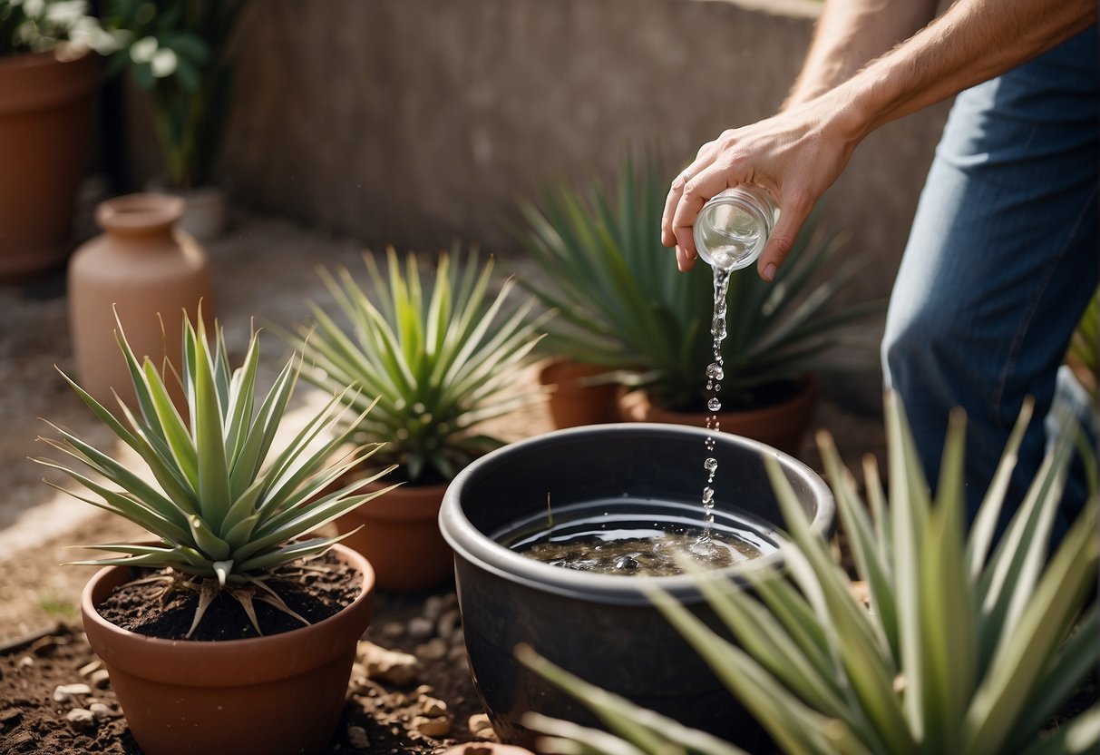 A hand pouring water onto the base of a yucca plant in a well-draining pot, with a bag of balanced fertilizer nearby