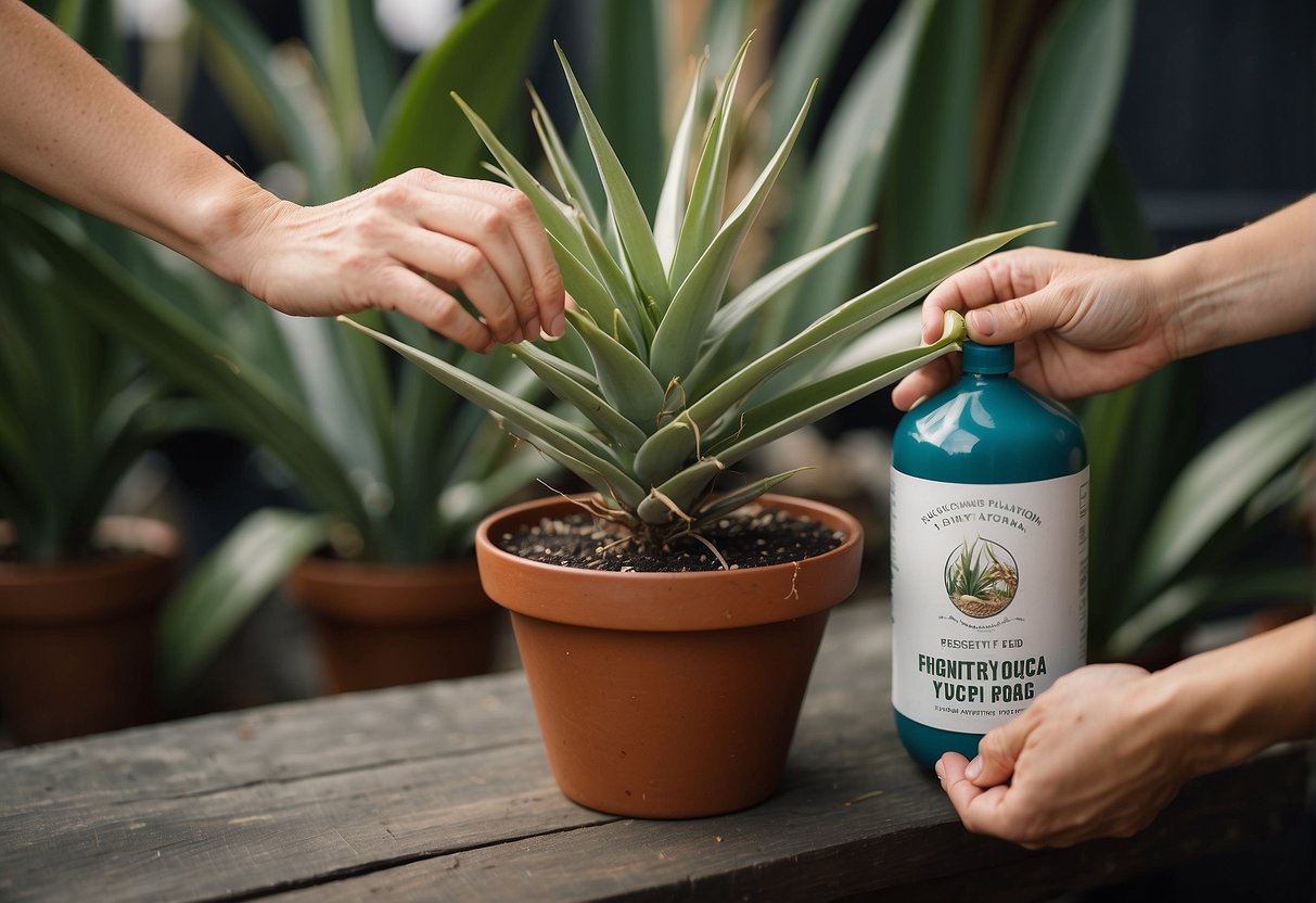 A hand pouring water onto a potted yucca plant. A bag of fertilizer sits nearby. A small sign reads "Frequently Asked Questions: How to feed yucca plants."