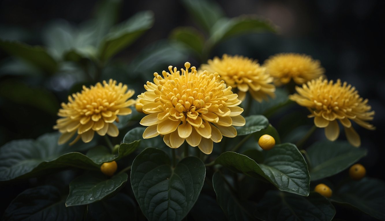 A close-up of a blooming Edgeworthia Chrysantha plant with golden yellow flowers against a backdrop of dark green foliage. The flowers are delicately fragrant and the plant is surrounded by a peaceful garden setting