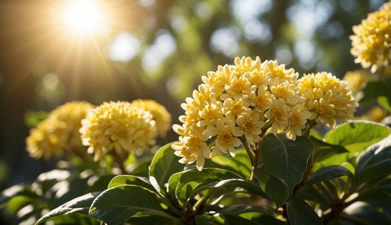 A vibrant Edgeworthia Chrysantha plant blooms with golden flowers, surrounded by lush green foliage. Sunlight filters through the leaves, casting a warm glow on the delicate blossoms