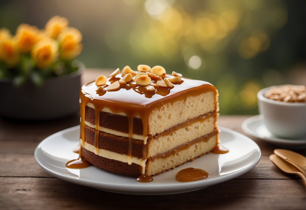 A 7-layer caramel cake, with each layer perfectly stacked and filled with rich caramel frosting, topped with a smooth, glossy caramel glaze
