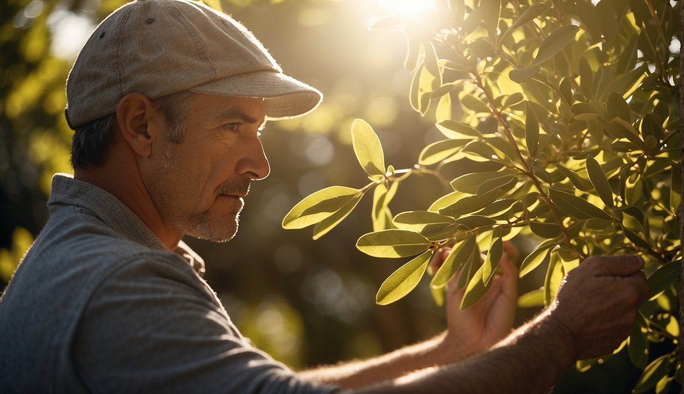 A gardener gently prunes the delicate branches of a blooming Golden Daphne plant, surrounded by a peaceful garden setting with sunlight filtering through the leaves