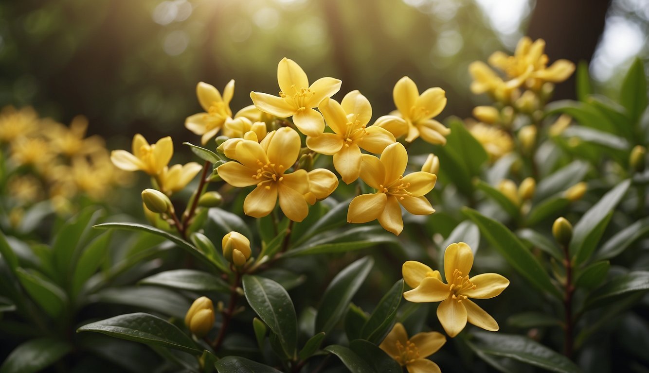 Golden daphne blooms in a garden, surrounded by lush green foliage. A gardener gently propagates the plant using stem cuttings