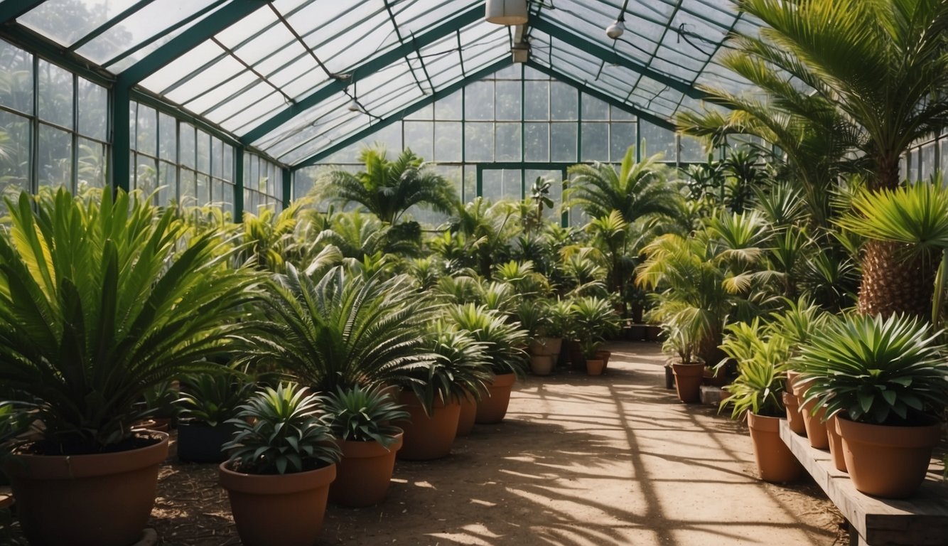 A bright, sunlit greenhouse with rows of Encephalartos Woodii cycads, surrounded by lush green foliage and carefully labeled pots
