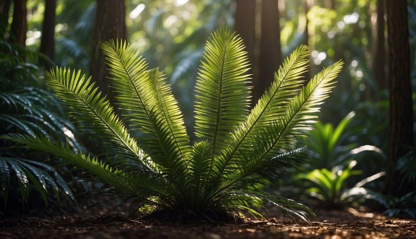 Encephalartos Woodii stands tall in a lush, tropical setting. Its long, glossy leaves fan out from a sturdy, textured trunk. Sunlight filters through the foliage, casting dappled shadows on the forest floor