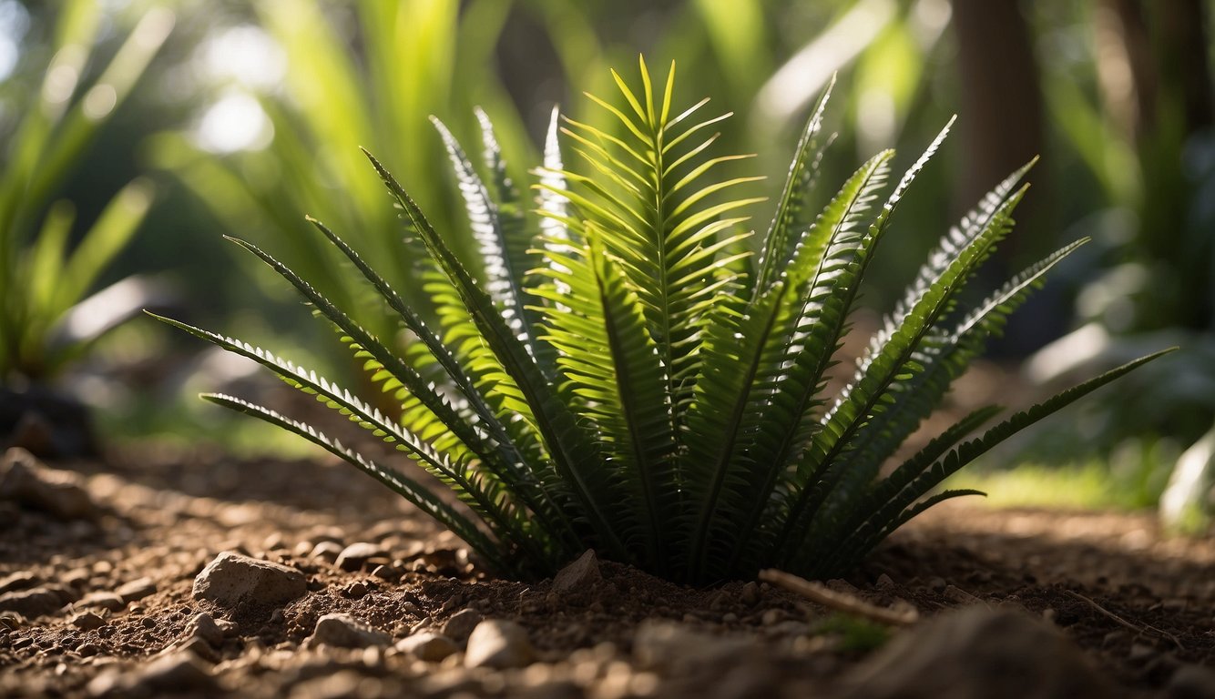 Encephalartos Woodii sits in well-drained soil, under dappled shade. It requires warm temperatures and regular watering, with occasional fertilization