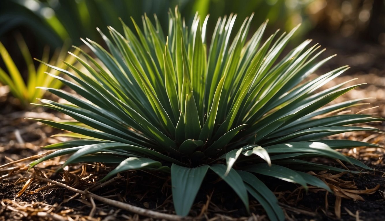 Encephalartos Woodii sits in a well-drained, sunny spot. Its fronds are dark green, with a sturdy, cylindrical trunk. It is surrounded by a layer of mulch and receives regular watering and occasional fertilization