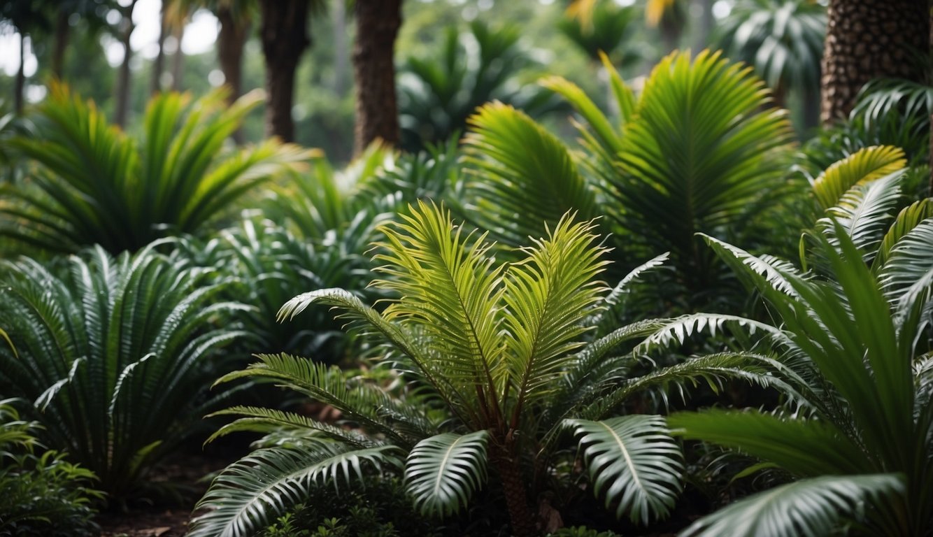 A lush garden with a variety of cycads, including the rare Encephalartos Woodii, carefully labeled and displayed with a care guide