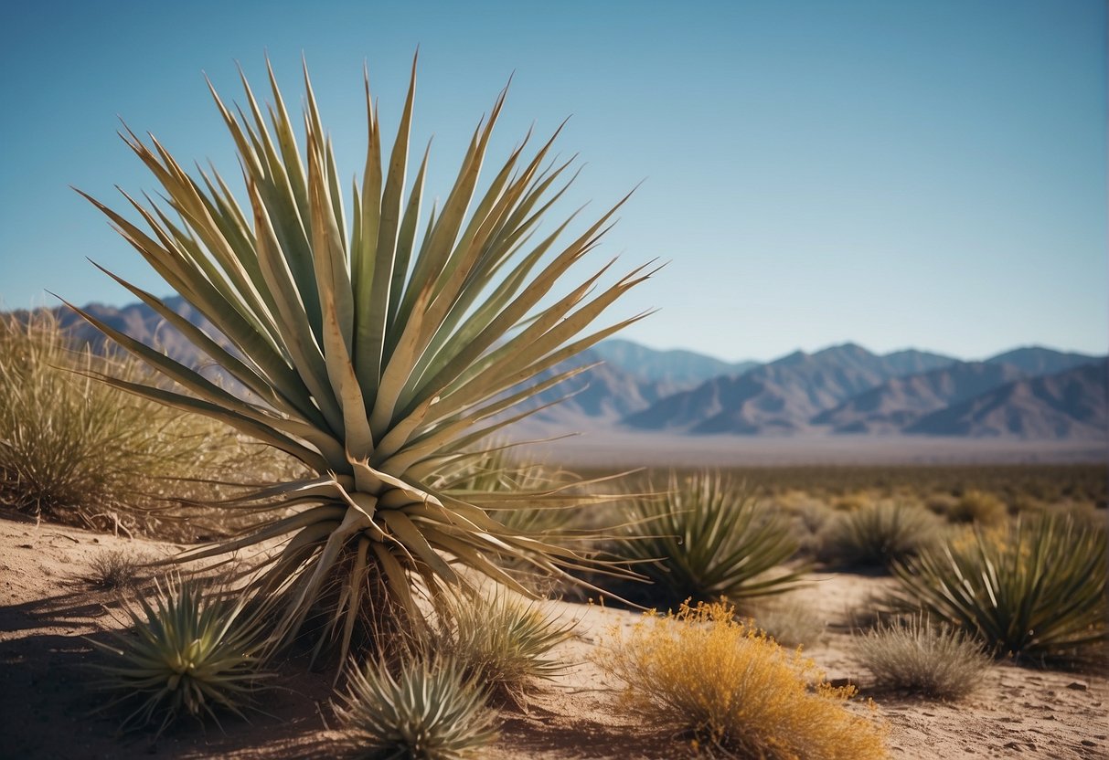 A desert landscape with yucca plants in the foreground, mountains in the distance, and a clear blue sky