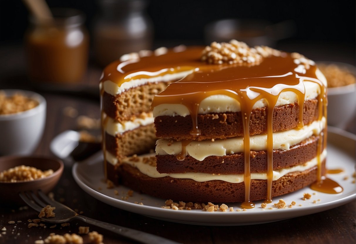 Layers of caramel cake being carefully stacked, with rich caramel filling oozing out. Crumbs scattered on the counter, and a spatula smoothing the frosting