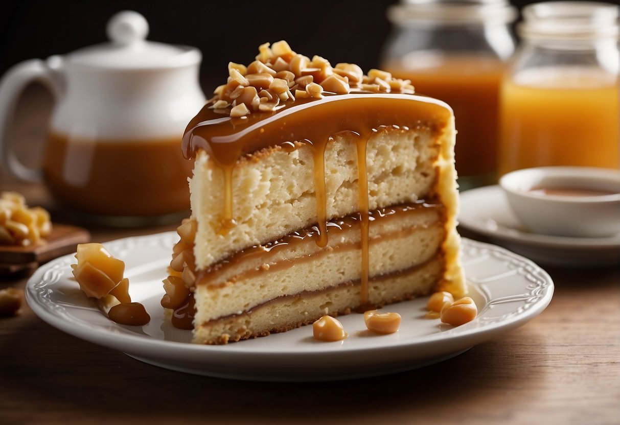 A table is set with ingredients for a 7-layer caramel cake. Caramel sauce is drizzled over the cake, and decorative toppings are scattered around