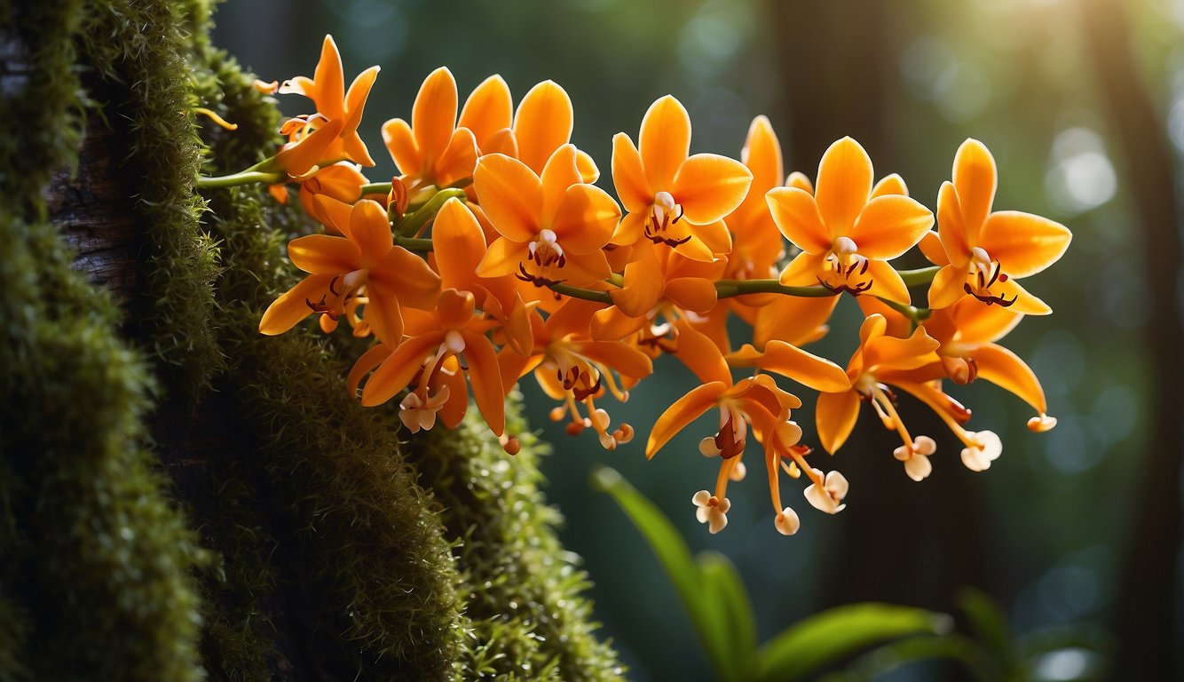 Vibrant orange Epidendrum Radicans orchids cascade down a moss-covered tree trunk, their star-shaped blooms glowing like fire in the dappled sunlight of a tropical rainforest