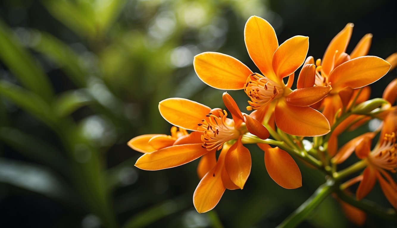 A vibrant Epidendrum Radicans orchid blooms against lush green foliage, its fiery orange and yellow petals glowing like stars in the dappled sunlight