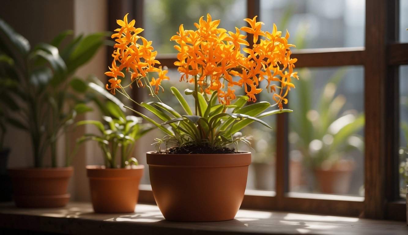 Vibrant orange Epidendrum Radicans blooms cascade from a hanging pot, surrounded by a variety of propagation tools and materials. Bright light filters through a nearby window, casting a warm glow on the scene