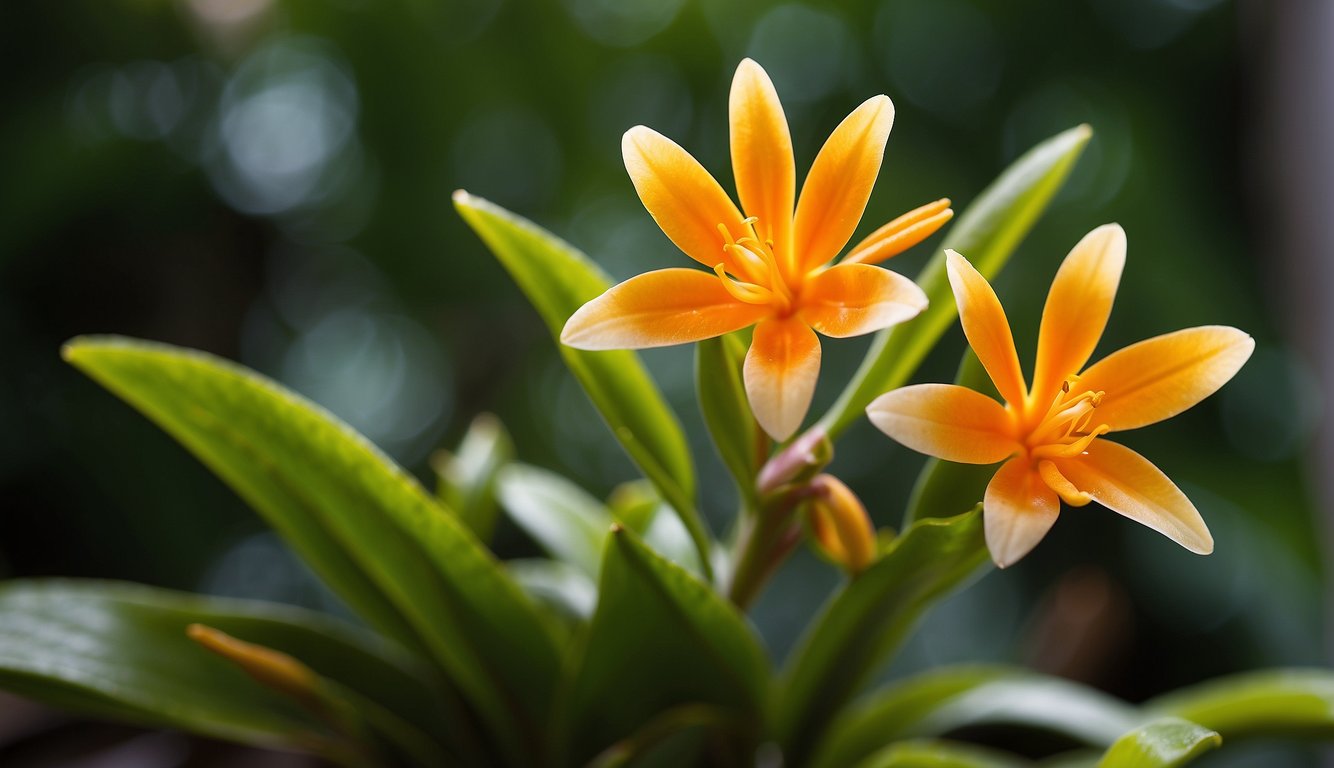 A vibrant Epidendrum Radicans orchid blooms amidst a backdrop of lush green leaves. It thrives in a well-draining pot with bright, indirect sunlight