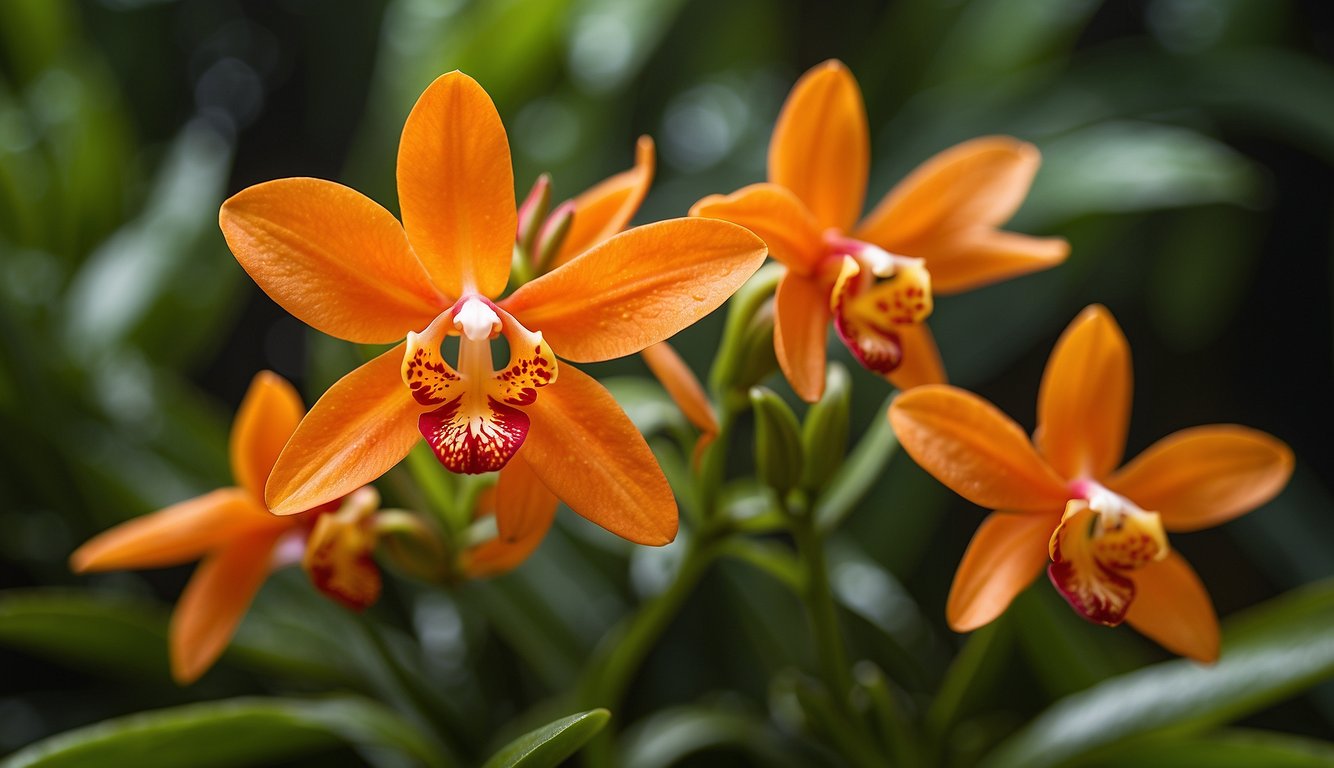 Vibrant orange Epidendrum Radicans orchid blooms against lush green foliage, with a clear, informative title "Epidendrum Radicans: The Fire-Star Orchid for Beginners" displayed prominently