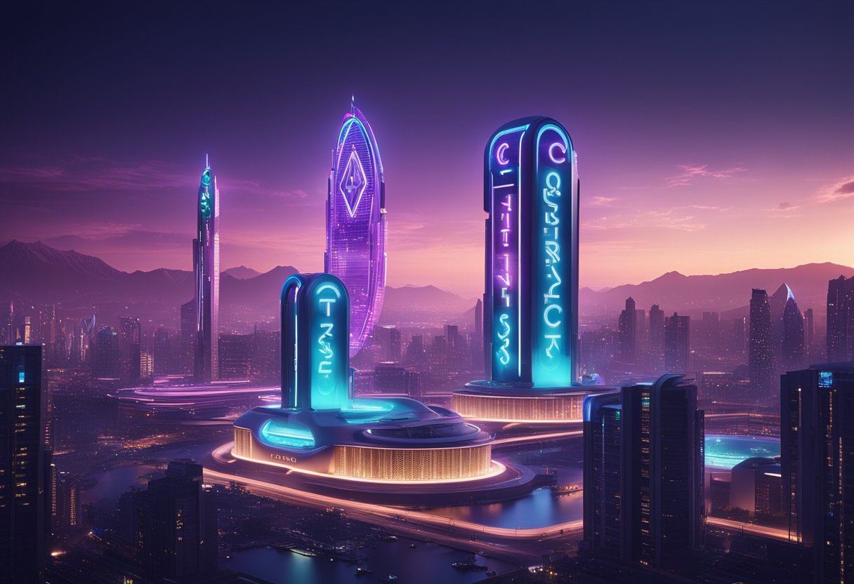 A futuristic cityscape with neon-lit buildings, featuring sleek and modern casino structures integrated with Ethereum symbols and logos