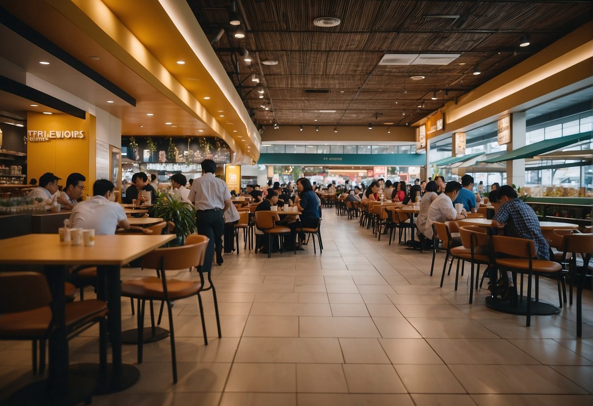 A bustling food court in Robinsons Magnolia, with various stalls offering a wide array of cuisines, from local favorites to international dishes. Tables and chairs are filled with diners enjoying their meals