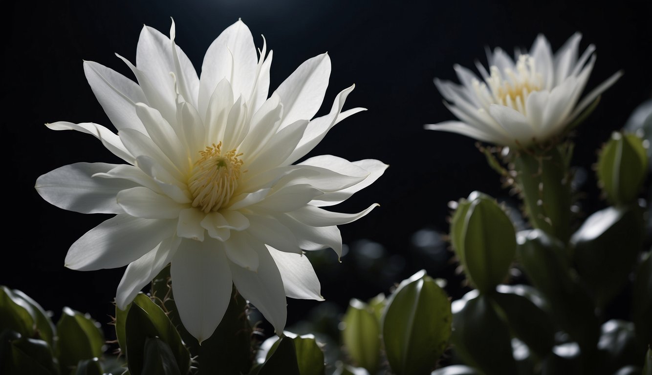 A blooming Epiphyllum Oxypetalum cactus at night, with large white flowers and long, delicate petals glowing in the moonlight