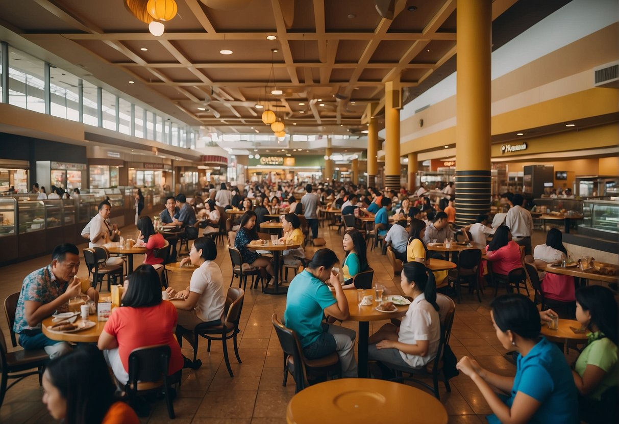 A bustling food court filled with a diverse array of cuisines, from traditional Filipino dishes to international flavors, all set against the backdrop of the Robinsons Magnolia shopping center