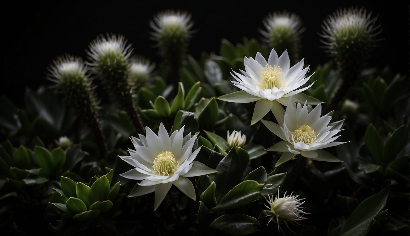 An Epiphyllum Oxypetalum cactus blooms at night, its delicate white petals opening under the moonlight. The plant is surrounded by lush green foliage, with tendrils reaching outwards in search of support