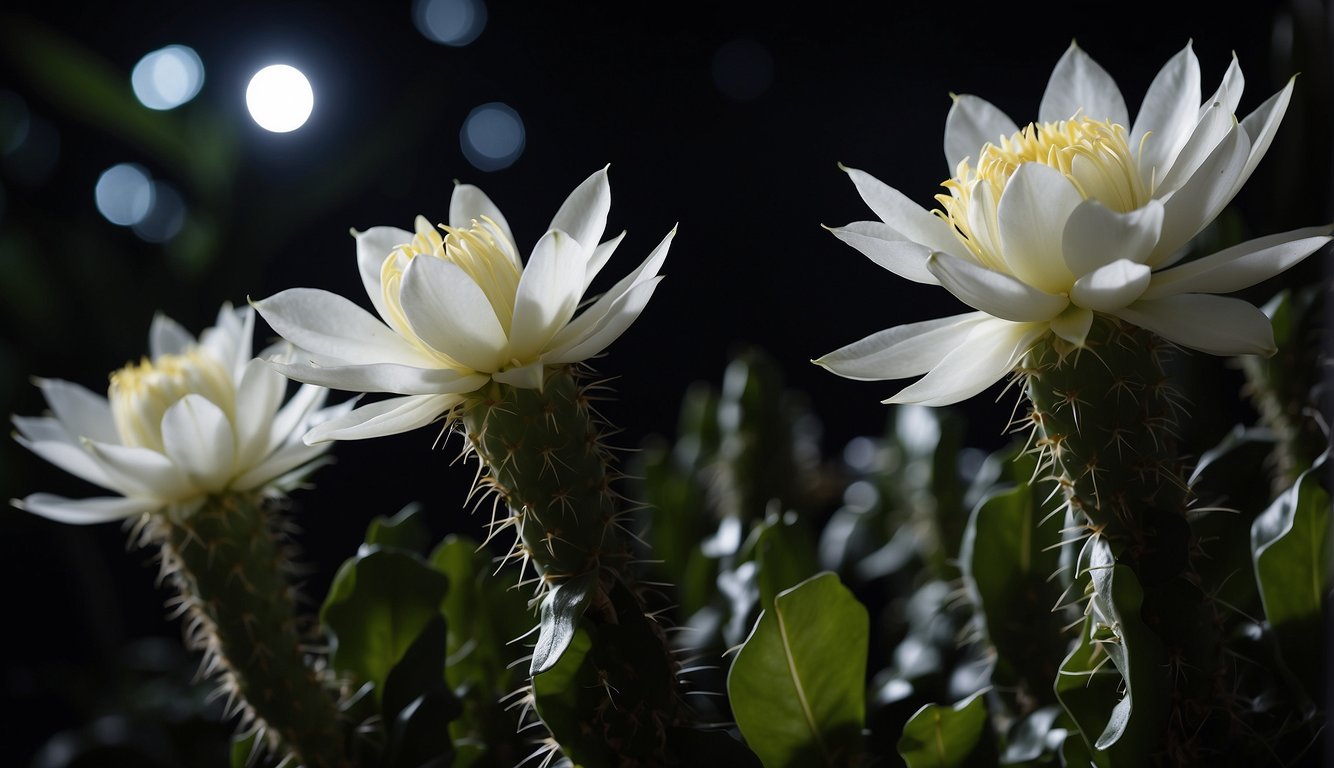 A blooming Epiphyllum Oxypetalum cactus at night, with its large white flowers opening in the moonlight, surrounded by lush green foliage and hanging gracefully from its host plant