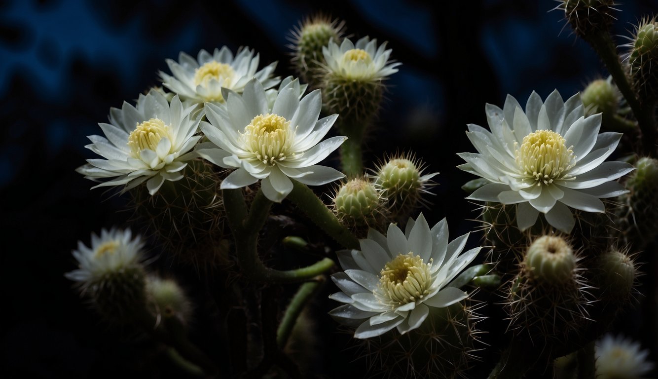 The night blooming cactus hangs from a tree, reaching towards the moonlit sky. Its delicate white flowers open in the darkness, emitting a sweet, intoxicating fragrance