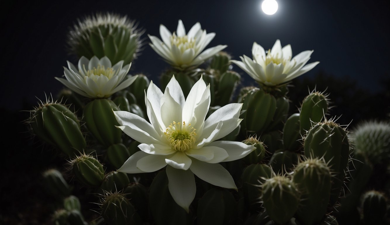 A night blooming cactus, Epiphyllum Oxypetalum, with delicate white flowers, surrounded by lush green leaves, under the moonlight