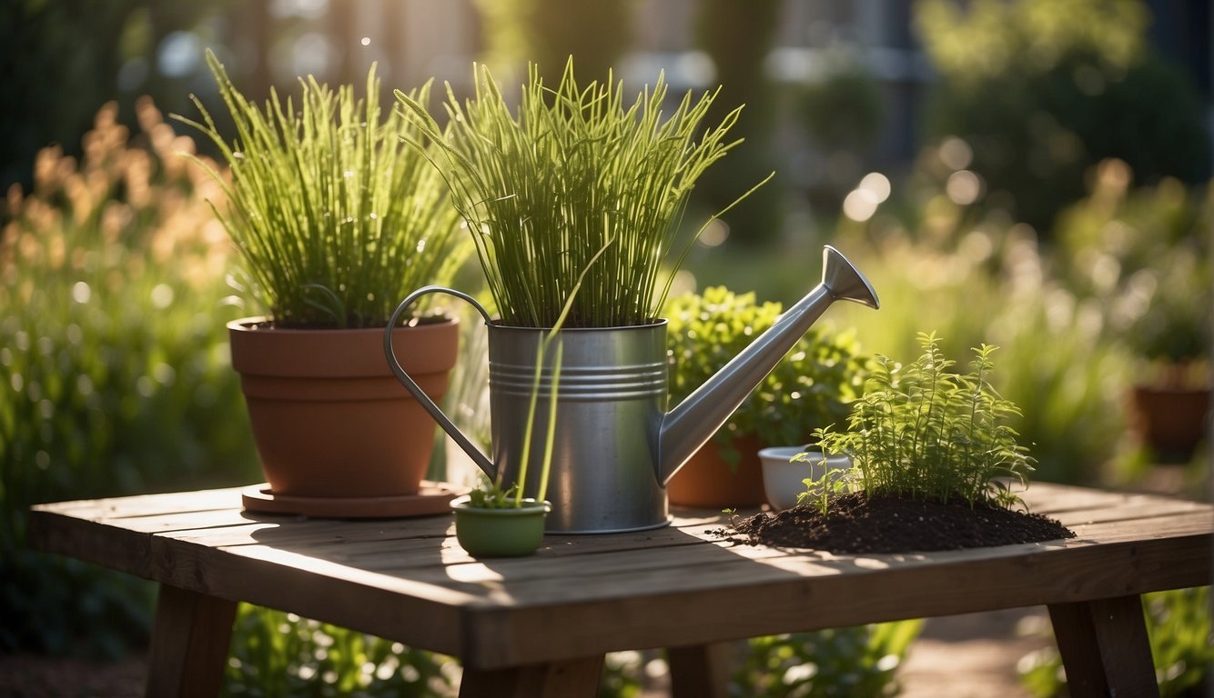 A garden table with pots of Equisetum Hyemale, a watering can, and gardening tools. Sunlight filters through the leaves as the plant grows in a well-tended environment