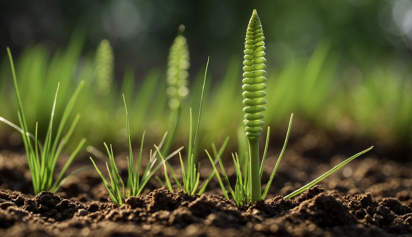 A vibrant green horsetail plant grows in a tall, cylindrical shape with segmented, jointed stems. It is surrounded by damp soil and receives ample sunlight