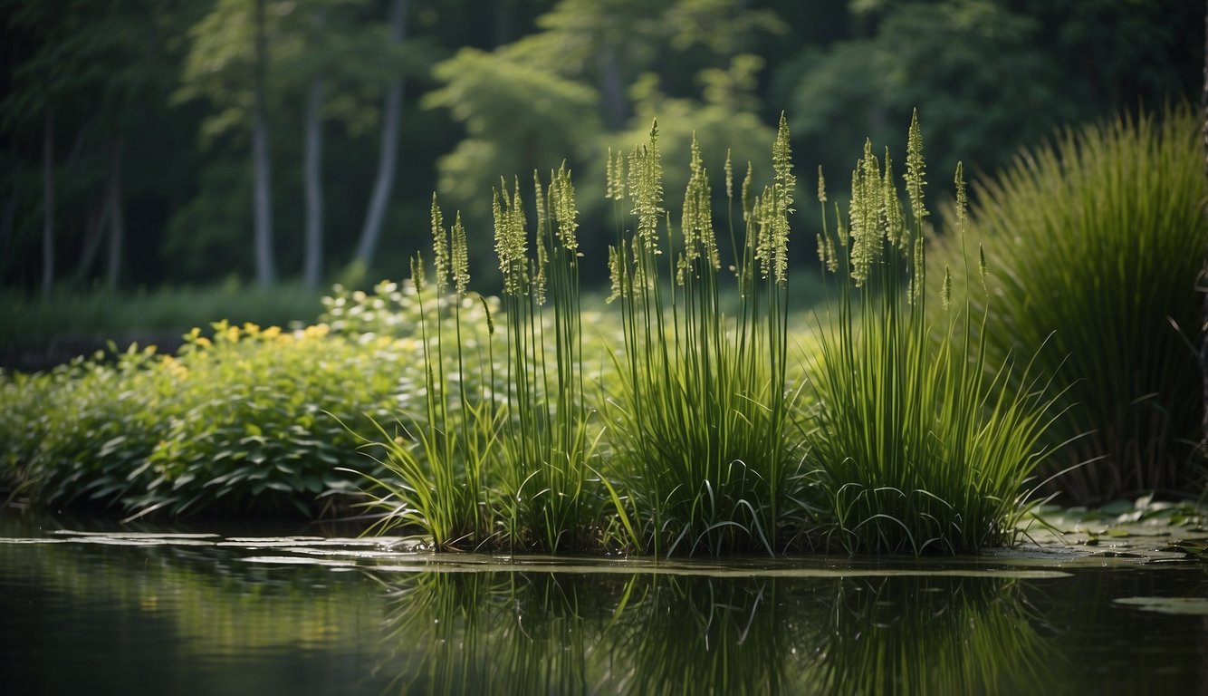 A serene pond surrounded by tall, slender Equisetum hyemale plants, with their jointed, dark green stems creating a striking vertical pattern against the backdrop of a peaceful garden