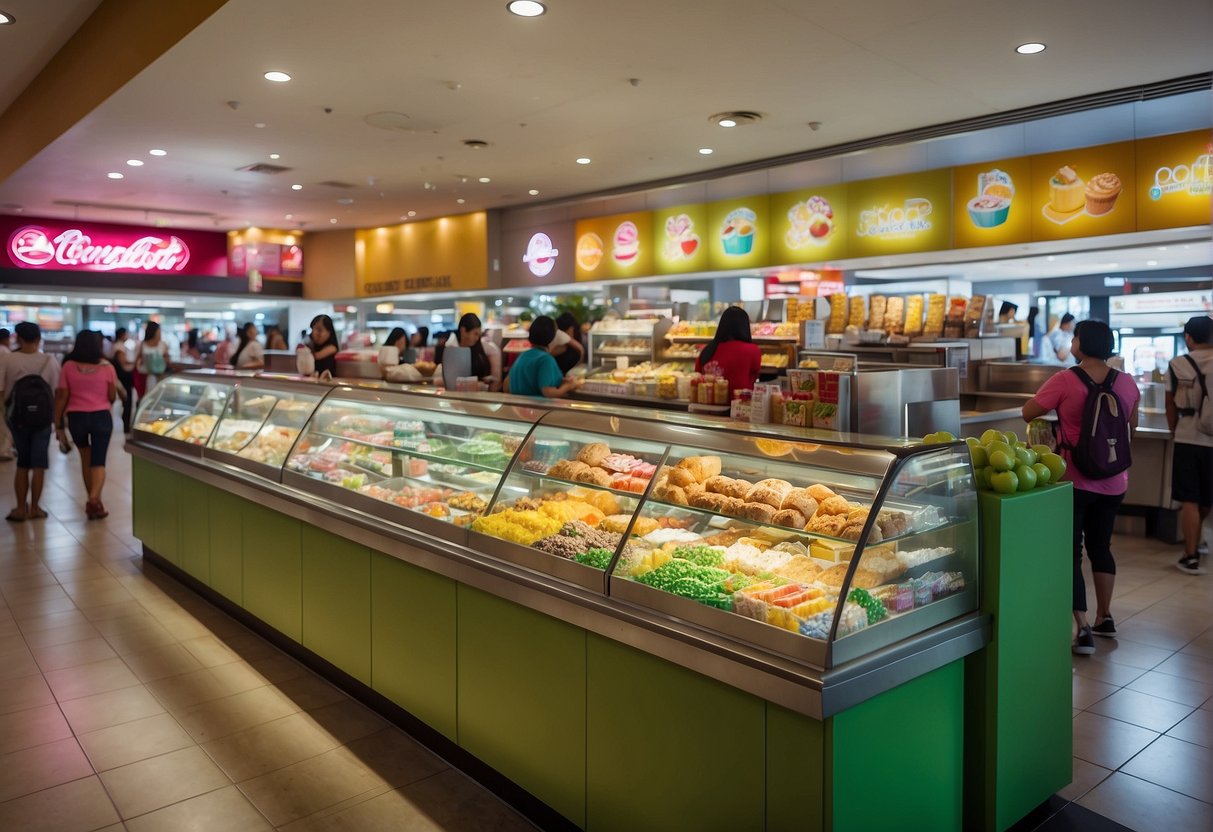 Colorful displays of sweet treats and refreshing drinks line the counters of a bustling food court in Robinsons Magnolia. Customers eagerly sample the various options, creating a lively and vibrant atmosphere