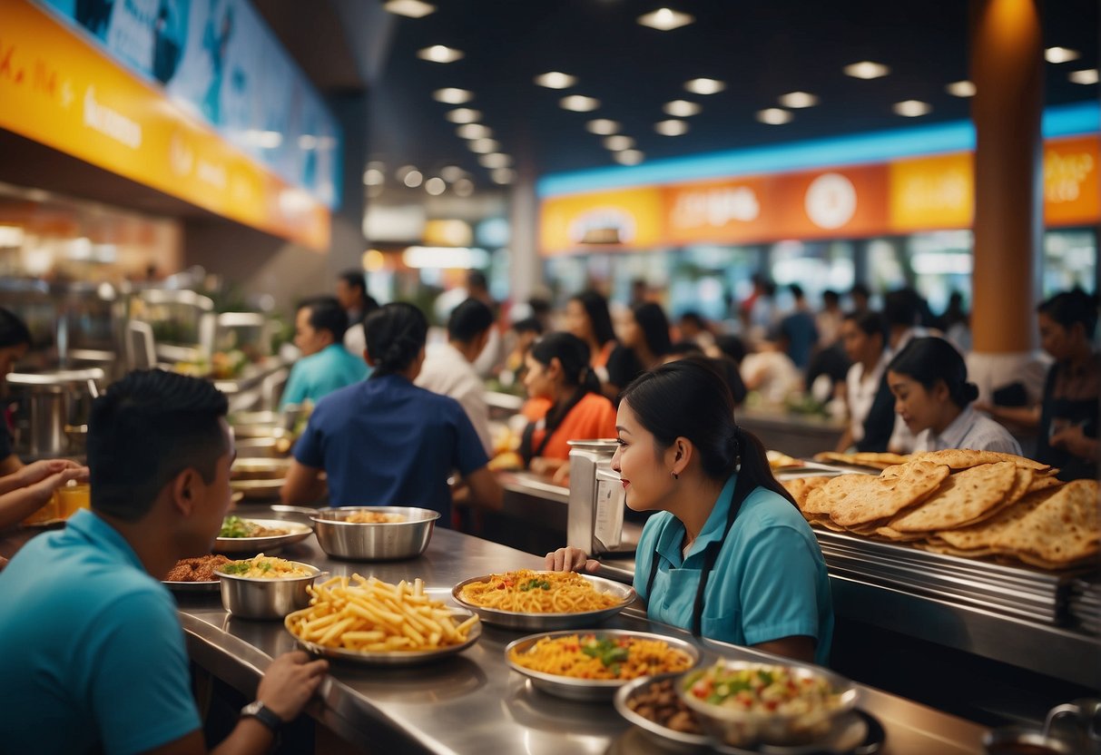 A bustling food court with diverse cuisines and vibrant decor. Customers enjoy their meals at colorful tables while staff busily attend to their duties