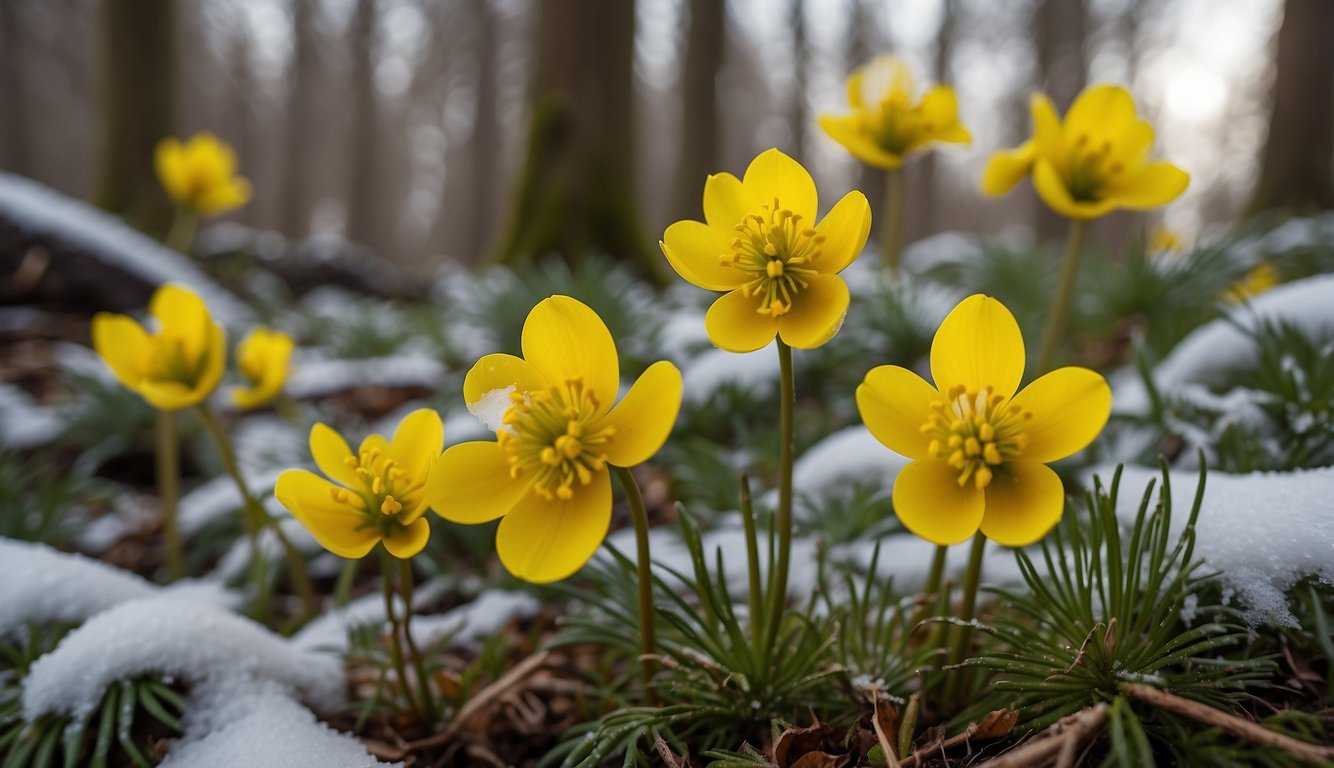 A cluster of winter aconite flowers blooms in a woodland clearing, surrounded by patches of melting snow and emerging green foliage