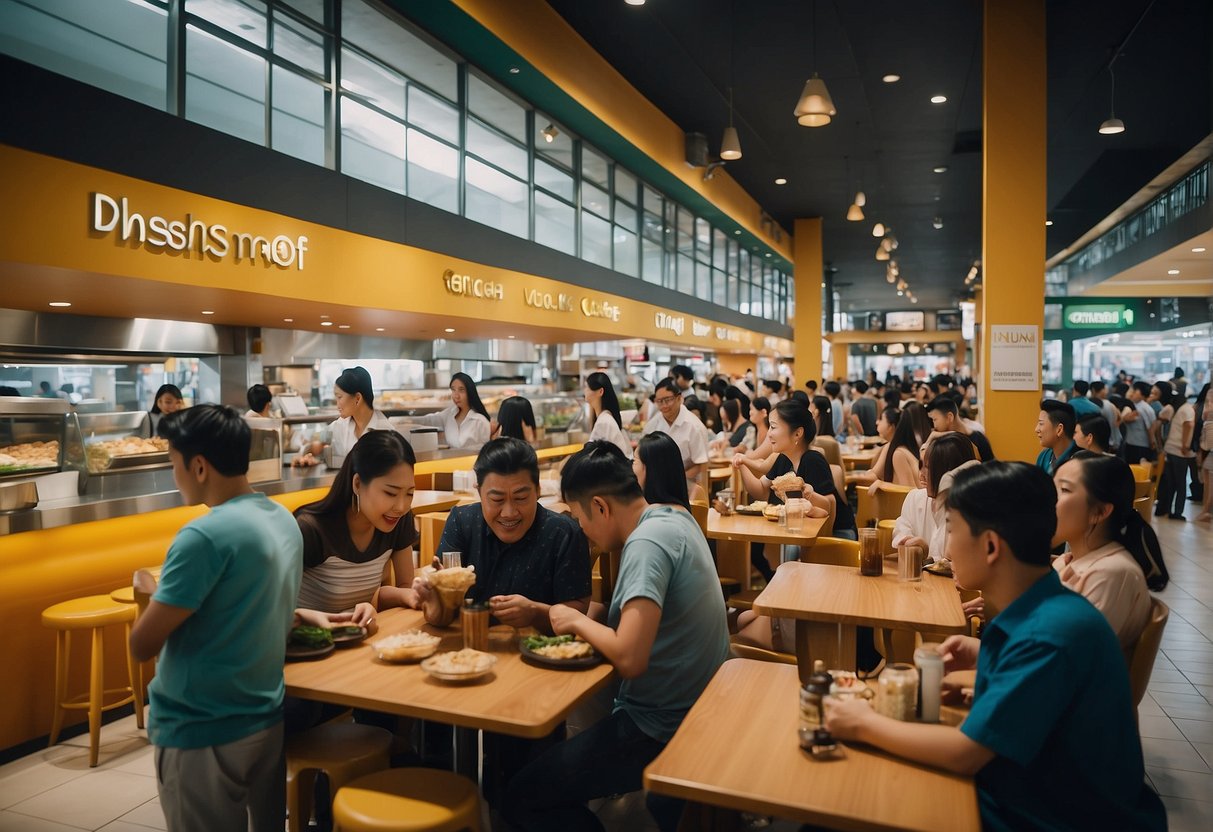 A bustling food court in Robinsons Magnolia, with various stalls and restaurants. Customers line up and browse menus, while staff serve and prepare food