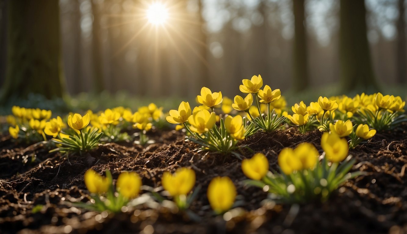 A hand plants winter aconite bulbs in rich, well-drained soil. Sunlight filters through the trees as the delicate yellow flowers begin to bloom