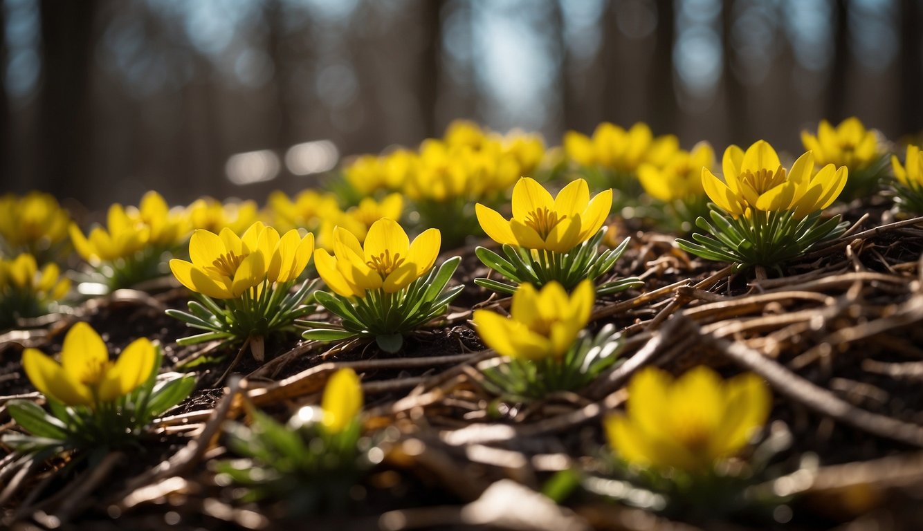 A cluster of winter aconite flowers surrounded by mulch and receiving gentle sunlight