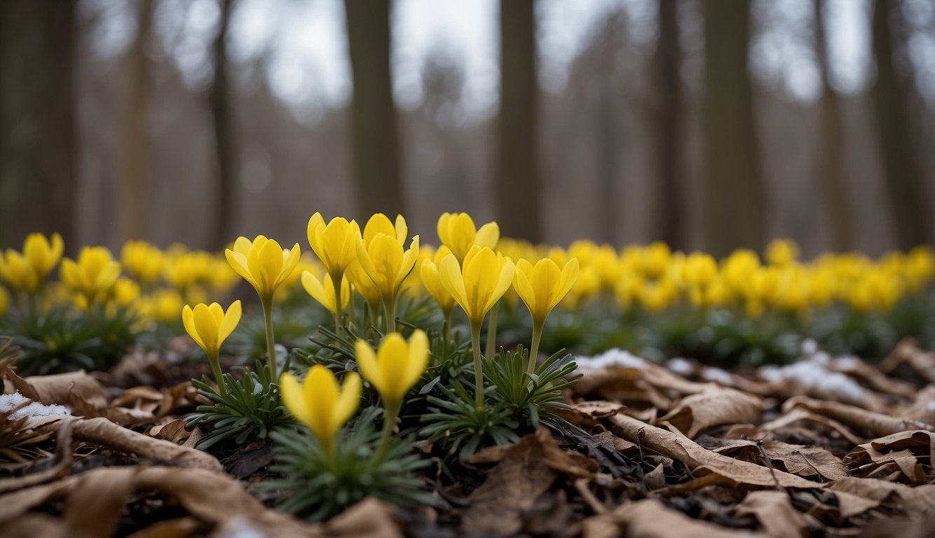 A close-up of winter aconite flowers in bloom, surrounded by mulch and with a backdrop of bare trees and snow on the ground