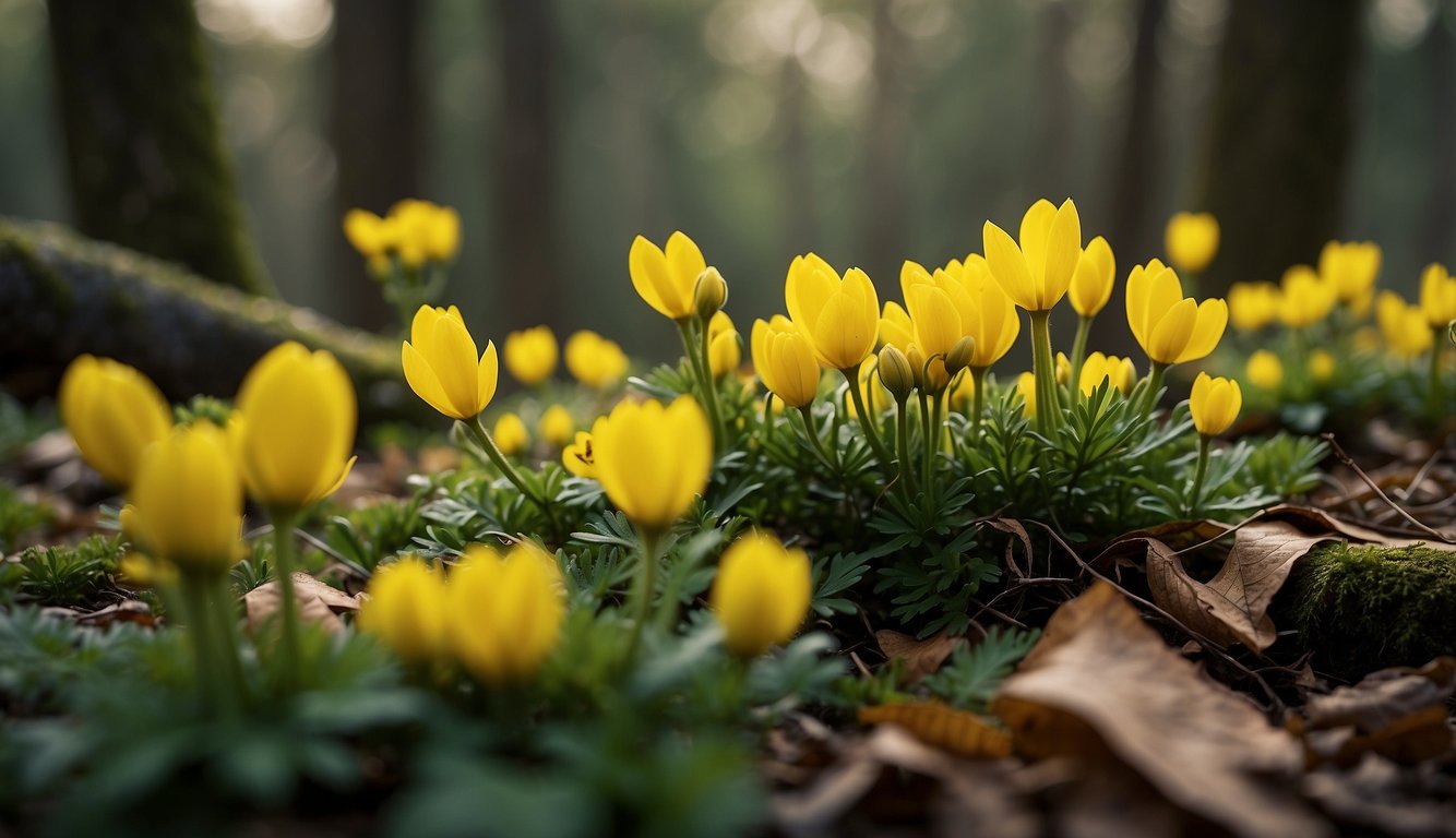 A cluster of yellow winter aconite flowers blooms in a woodland setting, surrounded by green foliage and a carpet of fallen leaves