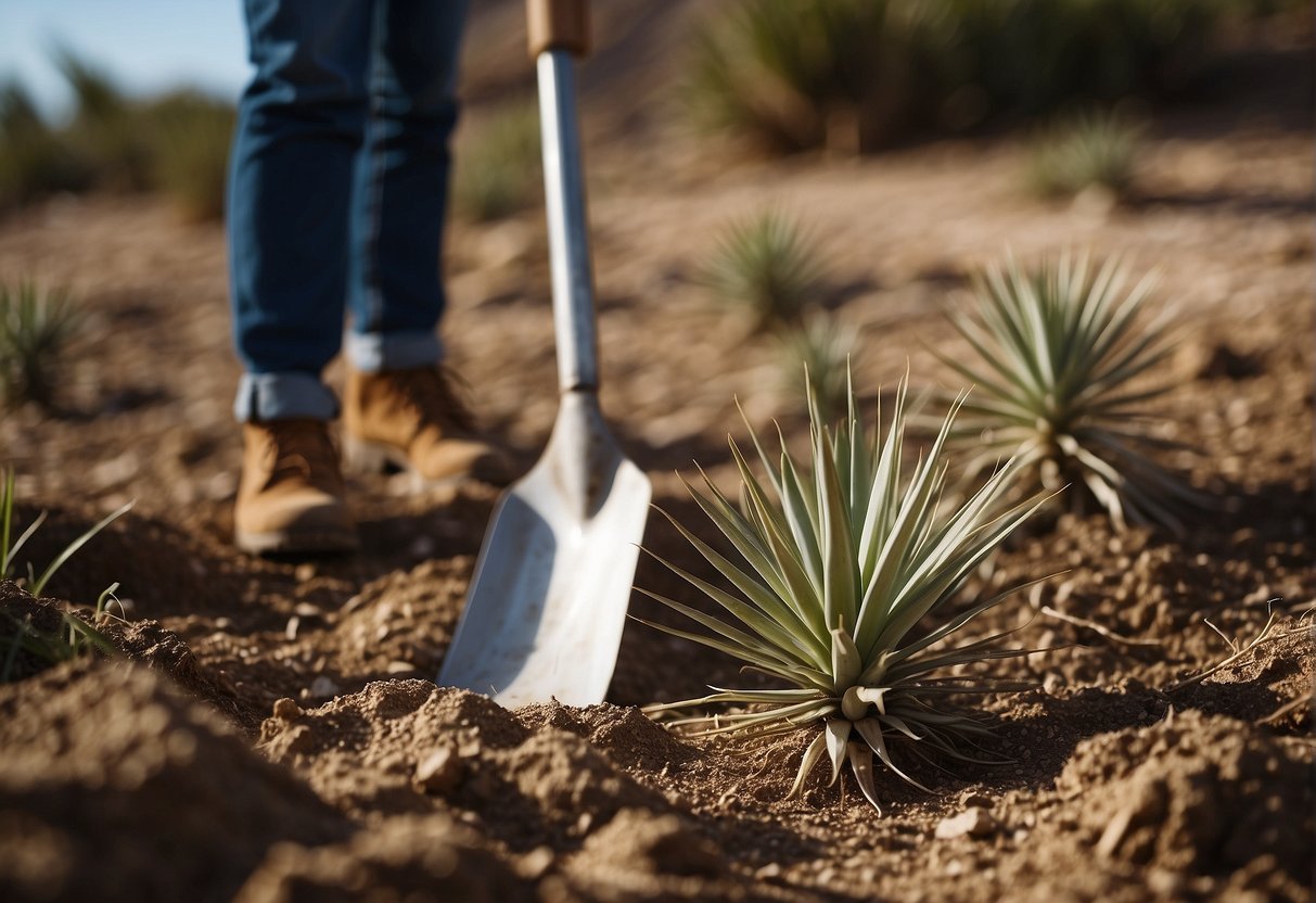 A yucca plant being removed from the ground with a shovel