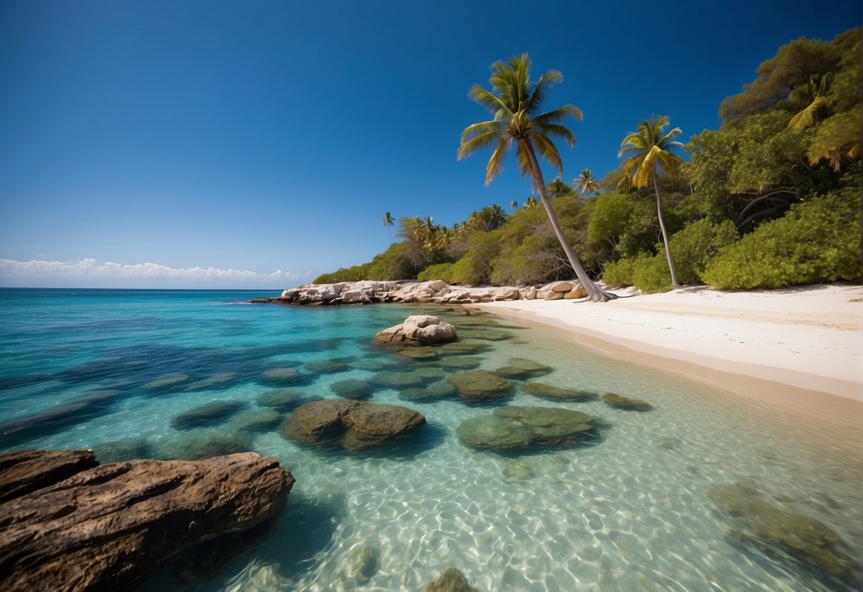 Crystal clear waters, white sandy beaches, and vibrant marine life make the best sea swimming destinations. Rocky cliffs and palm trees line the shore, with a backdrop of blue skies and calm waves