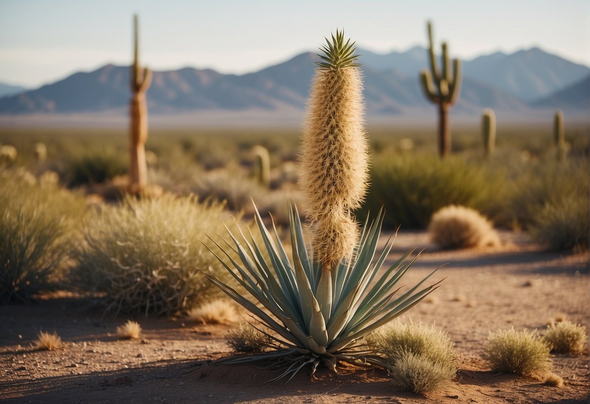 A desert landscape with a yucca plant standing tall, surrounded by various wildlife such as birds, insects, and small mammals using it for shelter, food, and nesting