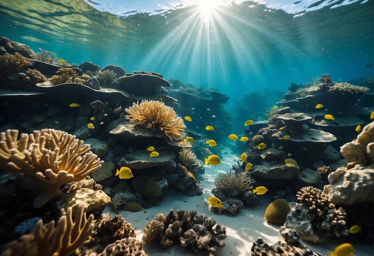 Crystal clear waters teeming with colorful coral reefs and a variety of marine life. Sunlight streaming through the water, illuminating the vibrant underwater world