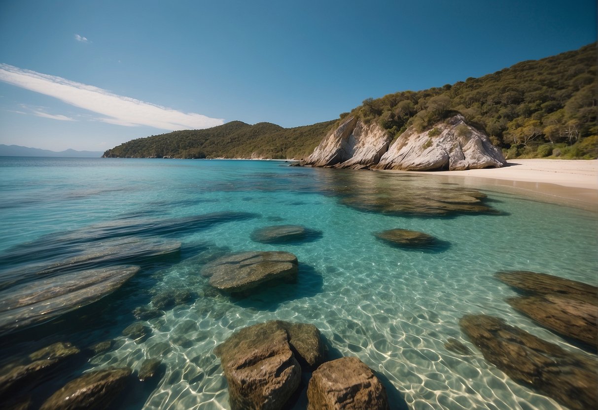 Crystal clear waters, gentle waves, and a picturesque coastline with a backdrop of lush greenery and clear blue skies