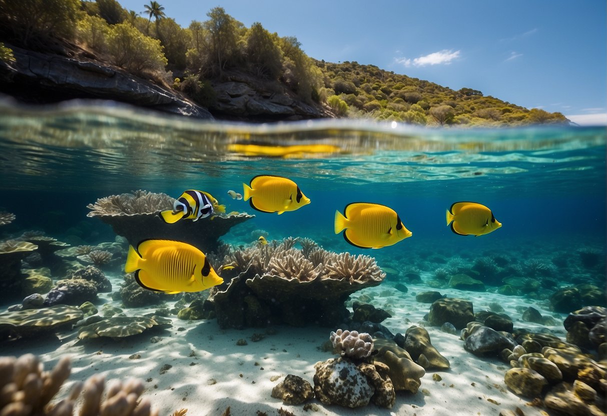 Crystal-clear waters surround a secluded cove, with colorful fish and vibrant coral visible beneath the surface. A gentle breeze ripples the water, creating a serene and peaceful atmosphere for sea swimming