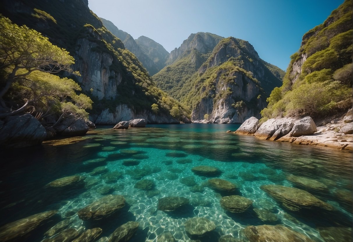 Crystal clear waters with vibrant marine life, surrounded by lush greenery and rocky cliffs. A serene and untouched paradise for sea swimming